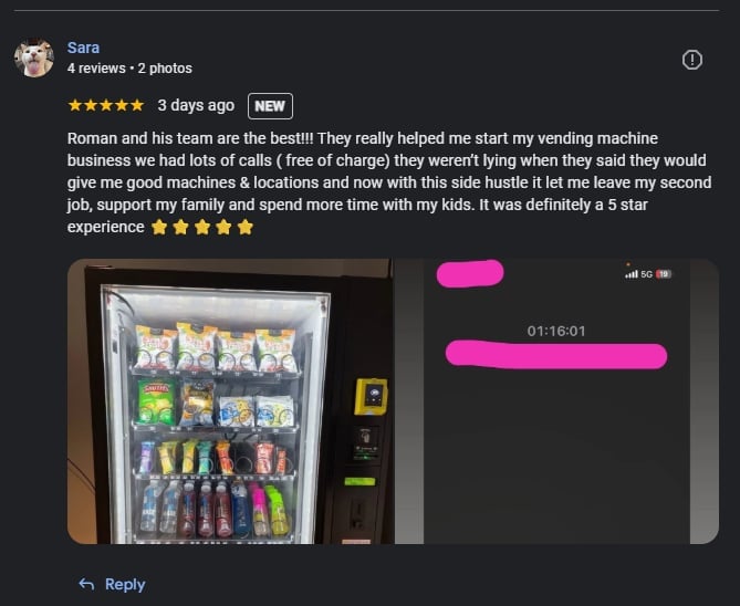 Five-star review from Sara about vending machine business with photos of a fully stocked snack vending machine