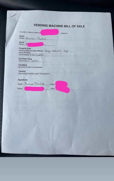 Vending machine bill of sale form with pink redacted sections for seller, buyer, and signatures, showing purchase price of $1,500 and as-is condition