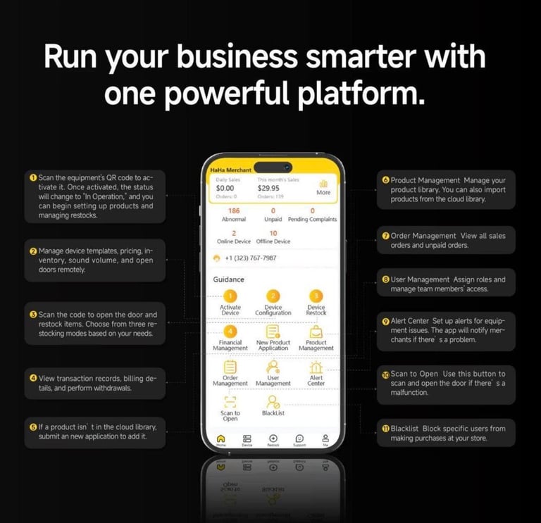 Mobile app interface displaying business management platform with various feature icons and menu options on a smartphone screen