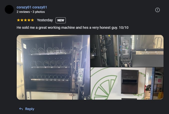 Screenshot of a 5-star review with photos of a vending machine from user corazy01, showing multiple angles of the machines interior and exterior