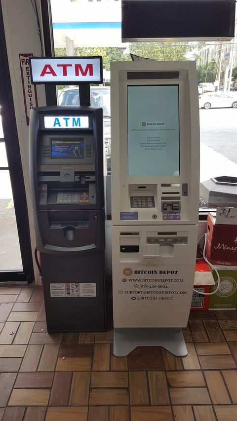 Two ATM machines side by side indoors - a black traditional ATM on the left and a Bitcoin Depot cryptocurrency ATM on the right