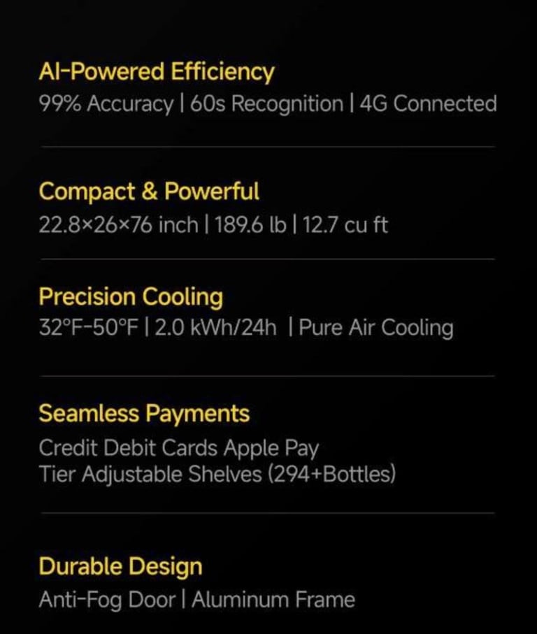 Product features list highlighting AI-powered efficiency, compact design, precision cooling, seamless payments, and durable construction